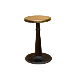 industrial bar stool with eound wooden seat and cast iron base stand.
