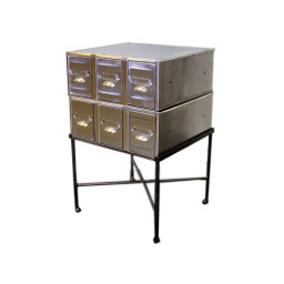 industrial metal iron bin chest of drawers.