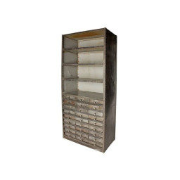 industrial metal iron rustic apothecary cabinet with shelves and drawers.