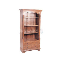 wooden bookcase with curved top and four wooden drawers 