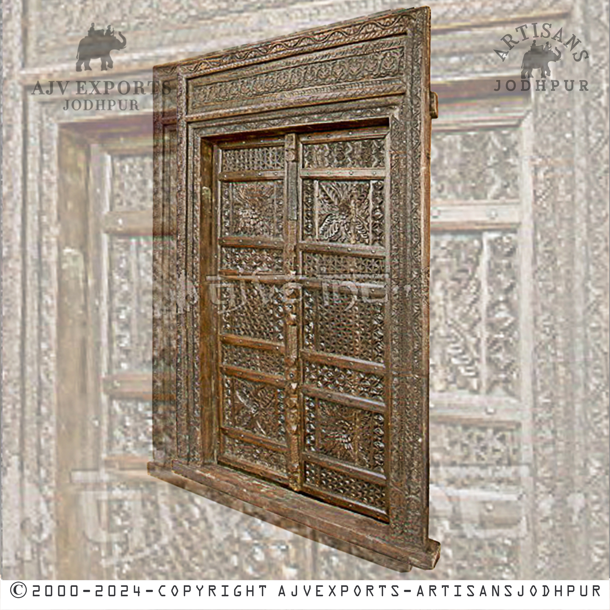 Vintage wooden door with an elegant design and detailed carvings, providing a timeless aesthetic for traditional or classic decor.
