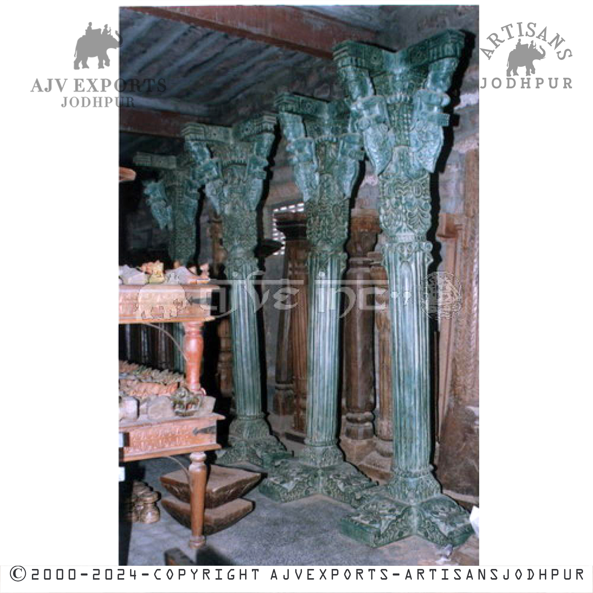 Elaborate Teal Carved indian teak wood Columns
