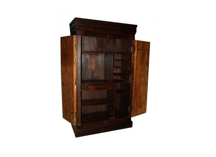 Wooden hand-carved old door cupboard with storage shelves inside